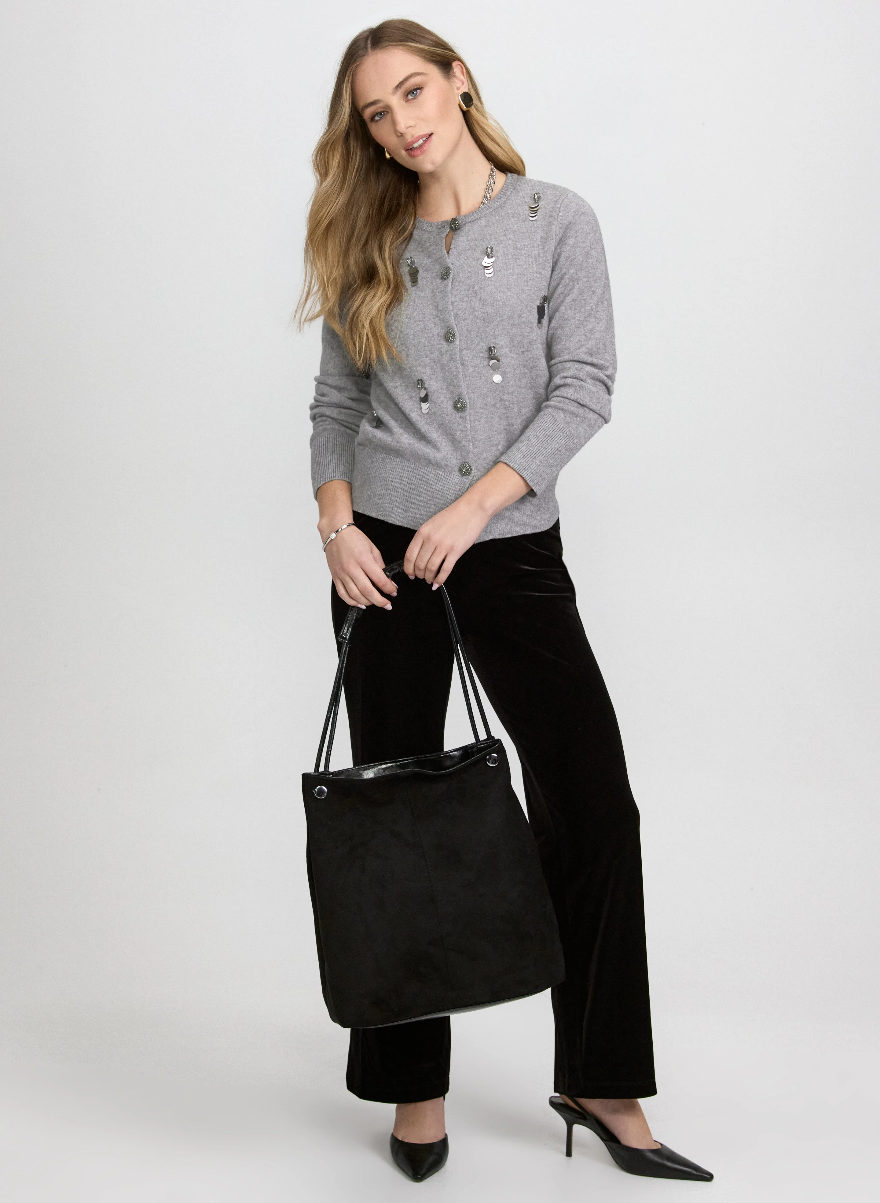 Embellished Jeweled Button Cardigan & Wide-Leg Velvet Pants